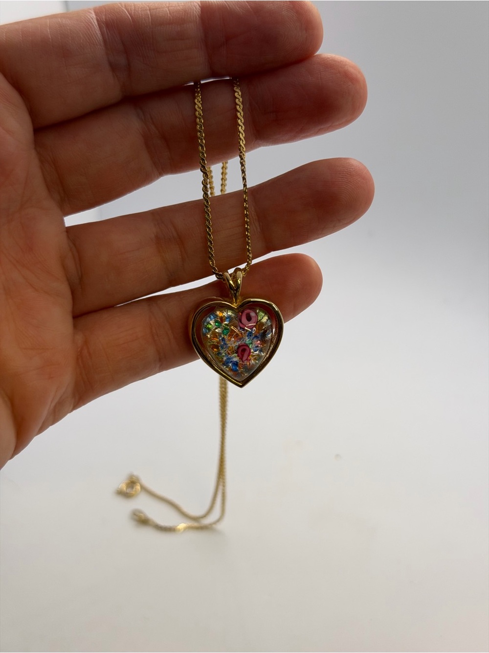 Gold Heart Pendant Necklace with Multicolor Floral Inlay
